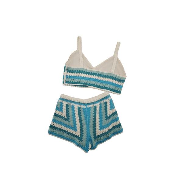 Rebellion Again Blue Cream Crochet Knit Two Piece Set Tank Top & Shorts Size L - Picture 8 of 9